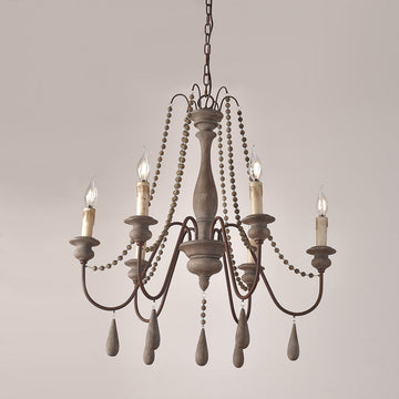 French Country Candle-Style 6-Light Wood Bead Swag 1-Tier Wooden Chandelier Gray